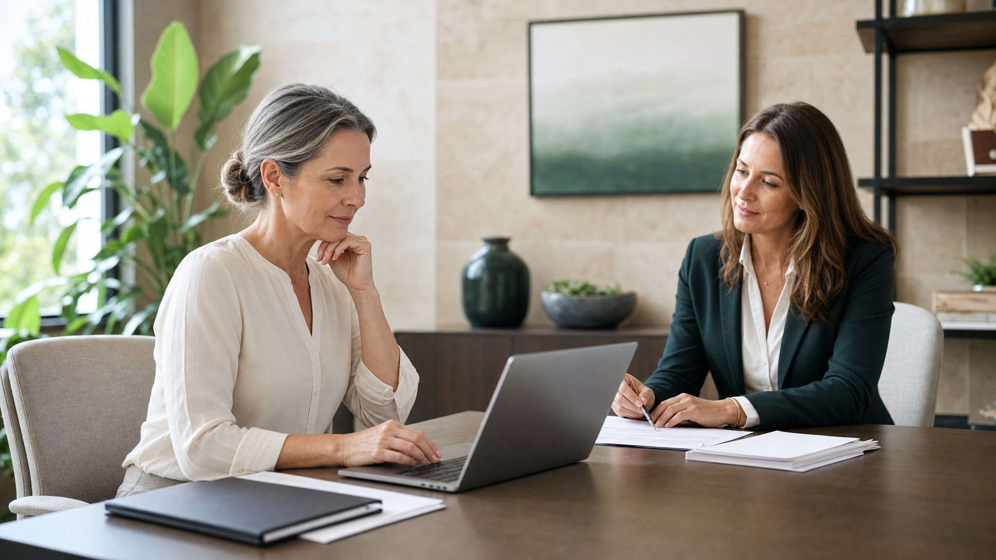 A client service manager helps a client with transfer paperwork in an office.