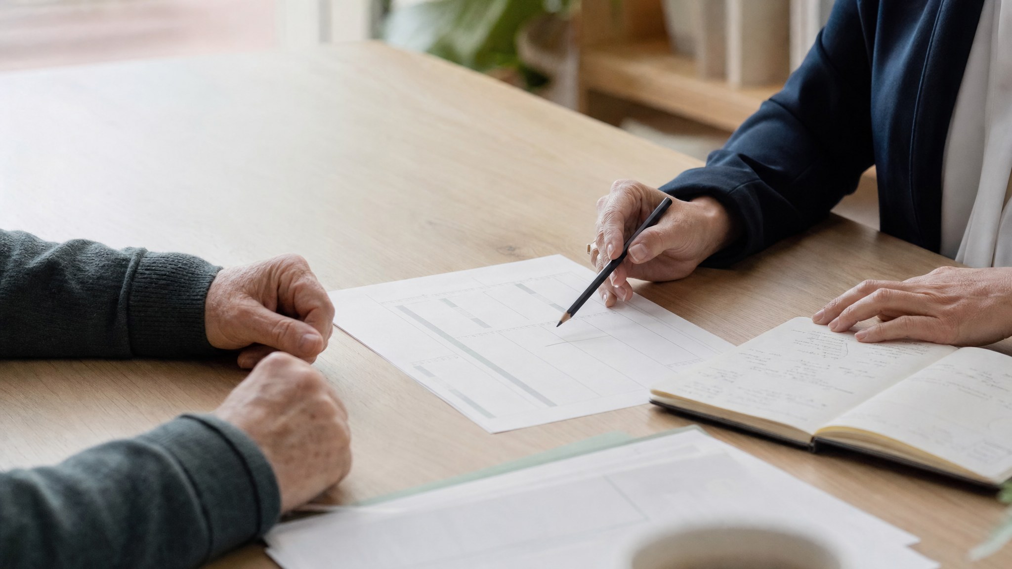 A client and advisor comparing a written plan on a desk.