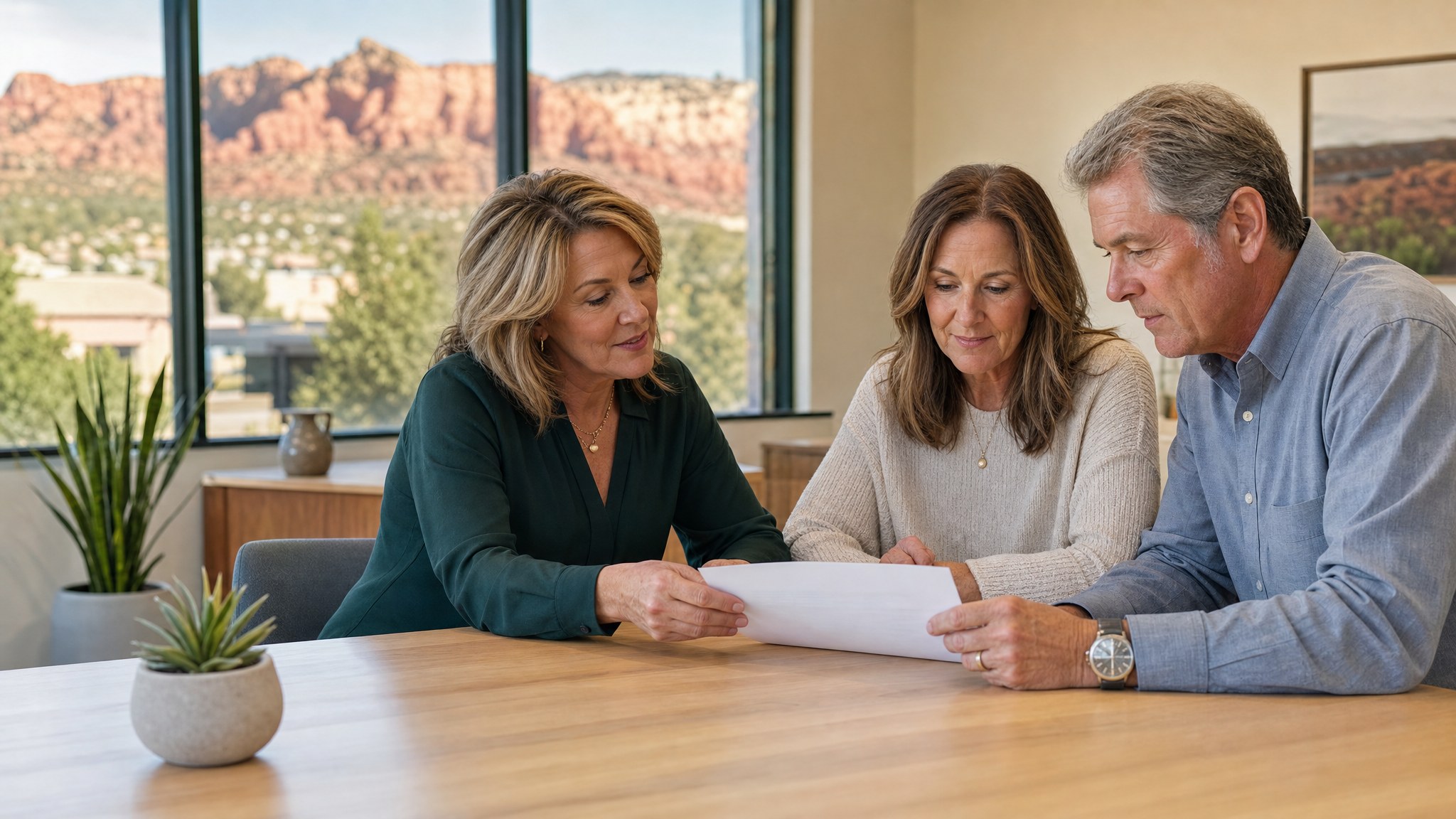 An advisor reviews a retirement plan with a couple in a St. George office.