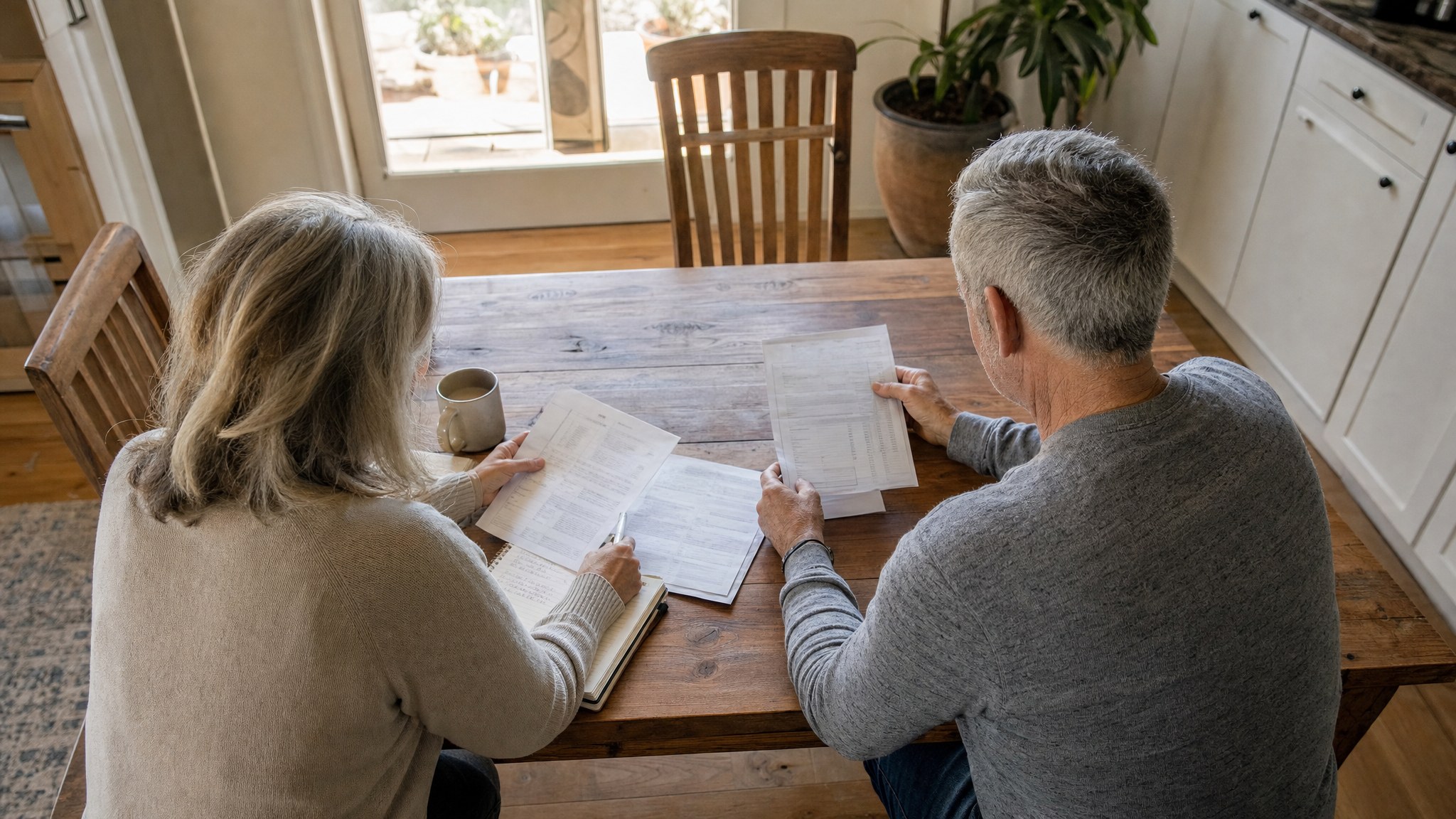 A couple sorts retirement documents at their kitchen table.