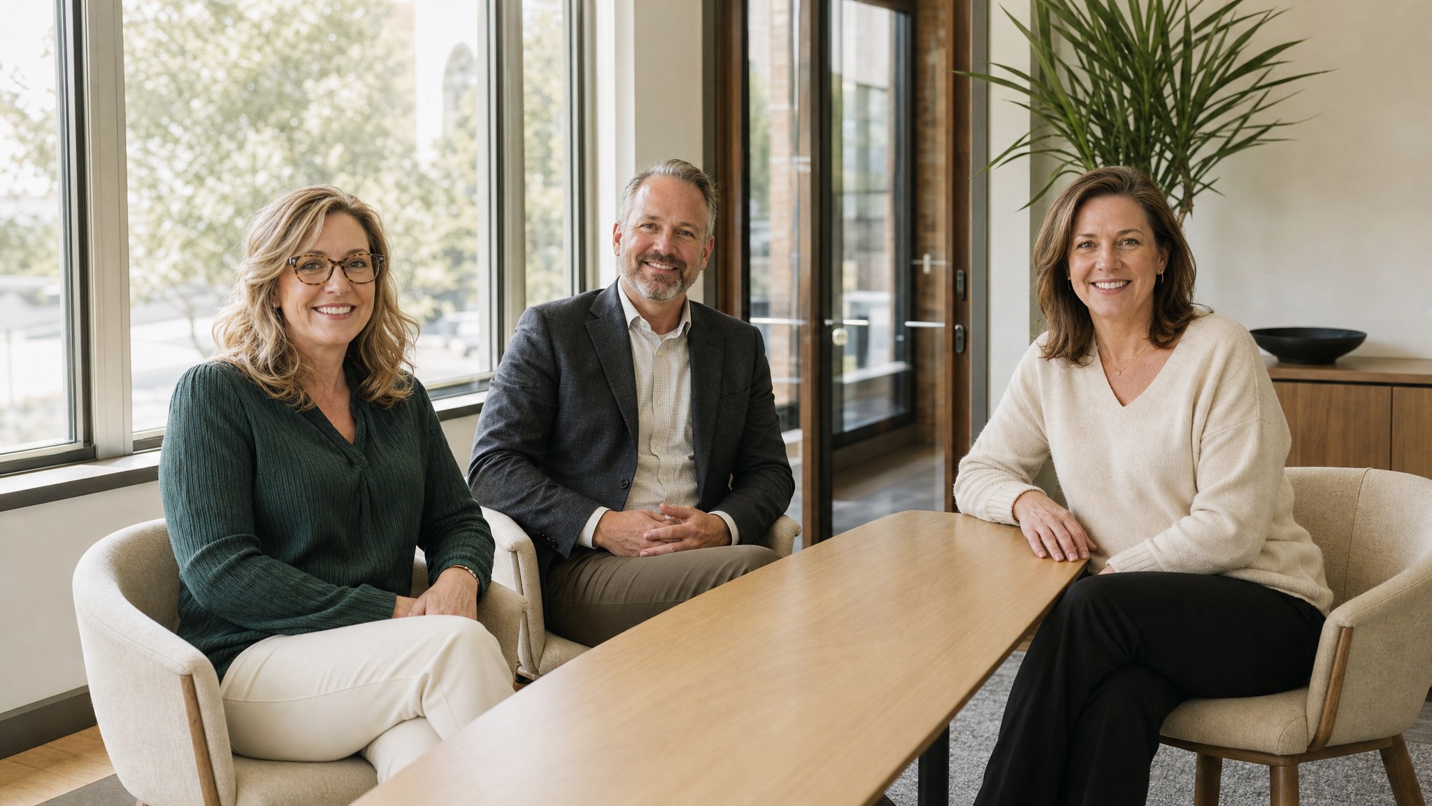 Three retirement planning colleagues meet in a bright office.